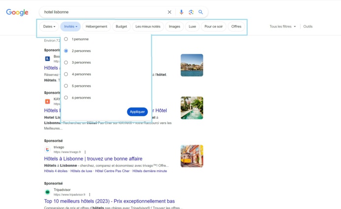 Dans l'encadré bleu également, la version pour Google Hotels - Capture écran