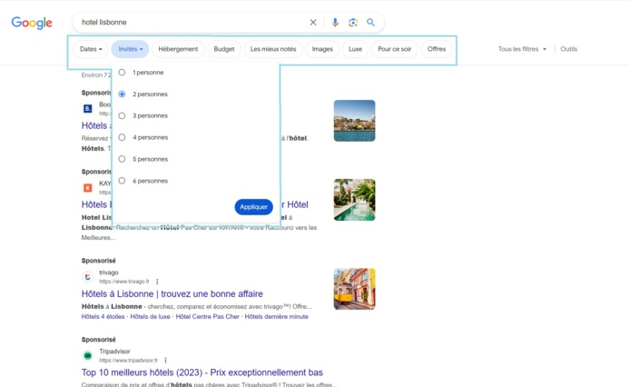 Dans l'encadré bleu également, la version pour Google Hotels - Capture écran Dans l'encadré bleu également, la version pour Google Hotels - Capture écran