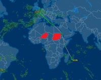 Exemple d'un contournement de l'espace aérien du Soudan et de celui du Niger, par un avion Air Austral - Crédit photo : flightaware Exemple d'un contournement de l'espace aérien du Soudan et de celui du Niger, par un avion Air Austral - Crédit photo : flightaware