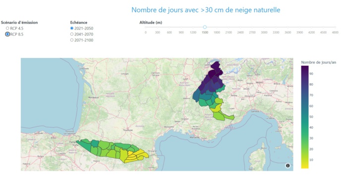Voici les données de l'enneigement en 2050 sur un scénario pessimiste de pollution - Murmuration Voici les données de l'enneigement en 2050 sur un scénario pessimiste de pollution - Murmuration