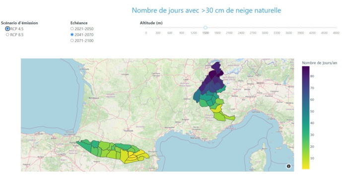 Voici les données de l'enneigement en 2070 sur un scénario intermédiaire de pollution - Murmuration Voici les données de l'enneigement en 2070 sur un scénario intermédiaire de pollution - Murmuration