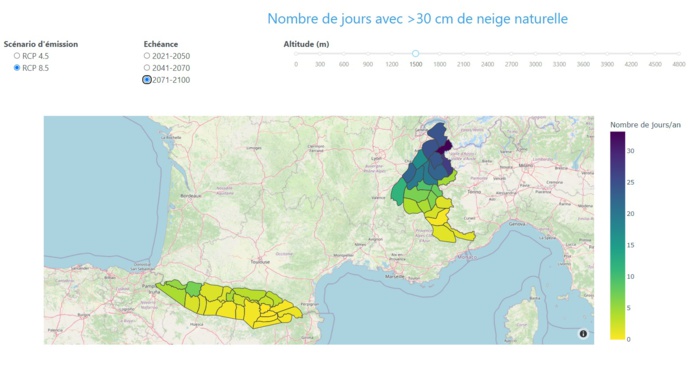 Voici les données de l'enneigement en 2100 sur un scénario intermédiaire de pollution - Murmuration Voici les données de l'enneigement en 2100 sur un scénario intermédiaire de pollution - Murmuration