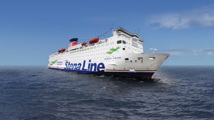 Mis en service l'an dernier au départ de Cherbourg, le Stena Vision peut accueillir jusqu'à 1 300 passagers. ©Stena Line Mis en service l'an dernier au départ de Cherbourg, le Stena Vision peut accueillir jusqu'à 1 300 passagers. ©Stena Line