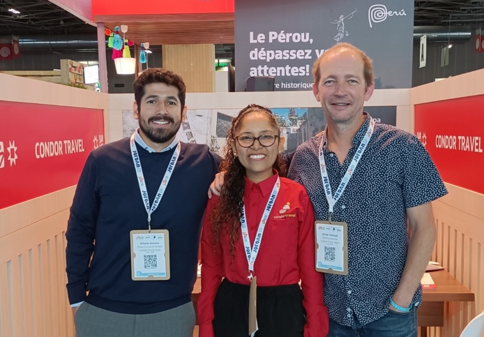 Alfredo Serrano Bonifaz (Europe Sales Manager), Estefany Agapito (Manager Brésil) et Olivier Caillaud, (représentant France) de Condor Travel lors de l'IFTM 2023 - DR : Condor Travel