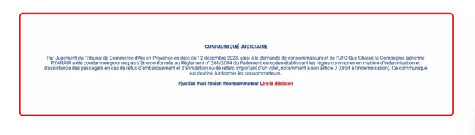 La publication du communiqué judiciaire sur le site de Ryanair - Capture d'écran site Ryanair