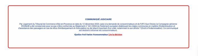 La publication du communiqué judiciaire sur le site de Ryanair - Capture d'écran site Ryanair La publication du communiqué judiciaire sur le site de Ryanair - Capture d'écran site Ryanair