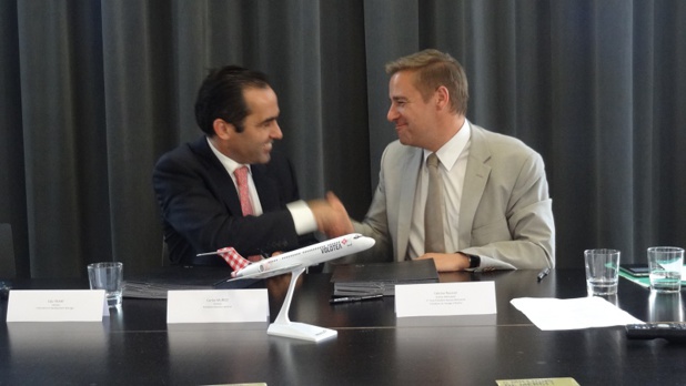 La convention a été signée aujourd’hui entre Carlos Muñoz, Fondateur et Président Directeur Général de Volotea, Fabrice Roussel, Président du Voyage à Nantes - Photo DR La convention a été signée aujourd’hui entre Carlos Muñoz, Fondateur et Président Directeur Général de Volotea, Fabrice Roussel, Président du Voyage à Nantes - Photo DR