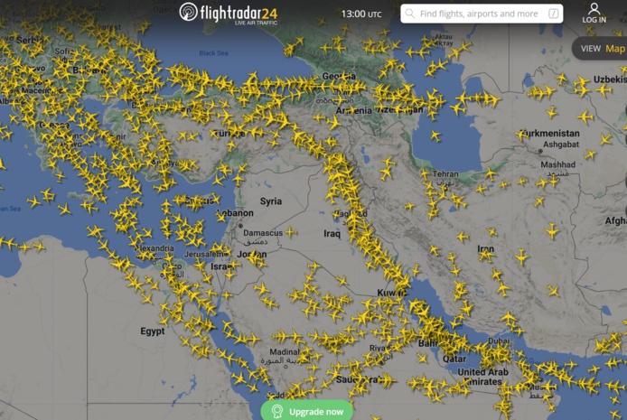 Attaque Iran - Israël : sur Flightradar, les compagnies aériennes ne volent plus au-dessus de plusieurs zones au Moyen-Orient - Photo Flightradar