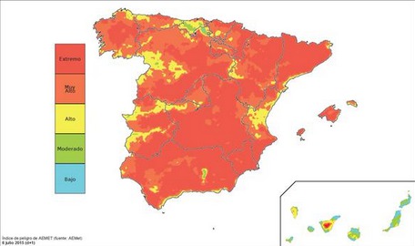 La carte des risques de départs d'incendies publiée sur Twitter par le ministère de l'Agriculture espagnol - DR