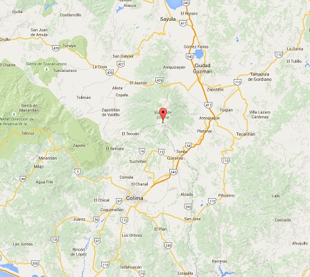 Le volcan de Colima est situé à la frontière entre les états mexicains de Jalisco etd e Colima - DR : Google Maps Le volcan de Colima est situé à la frontière entre les états mexicains de Jalisco etd e Colima - DR : Google Maps