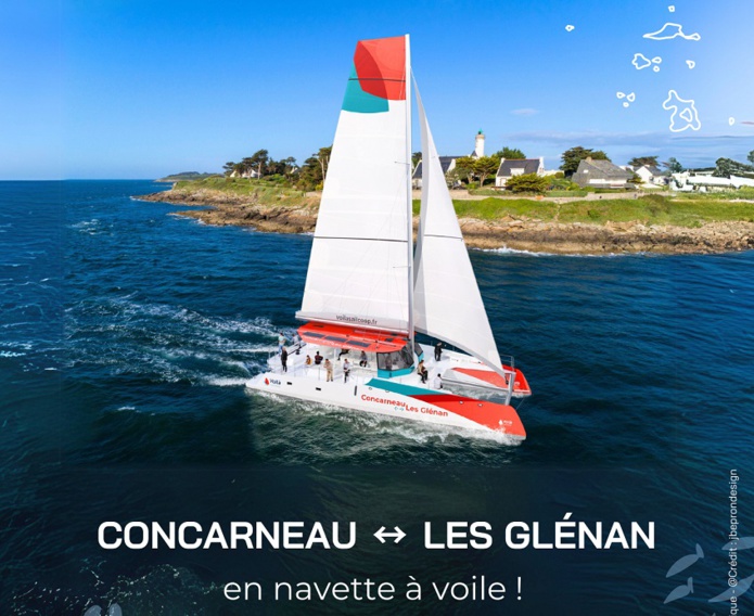 dans moins d'un mois, Sailcoop va lever le voile sur un catamaran de 80 passagers construit à la Rochelle qui proposera des navettes maritimes entre Concarneau et les îles de Glénan - Photo Sailcoop Jbeprondesign
