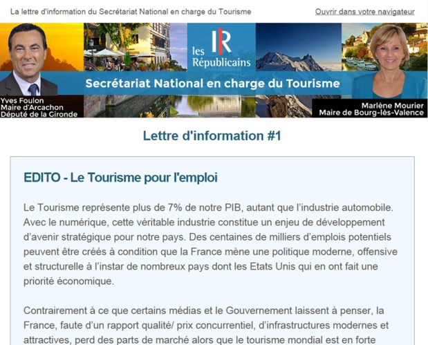 Les Républicains, dans leur newsletter, Numéro 1 s'il vous plait, affublent leur édito du titre : "Le tourisme pour l'emploi".   Signé Yves Foulon, maire d'Arcachon et député de la Gironde. A mourir de rire ! - DR : Capture d'écran Les Républicains