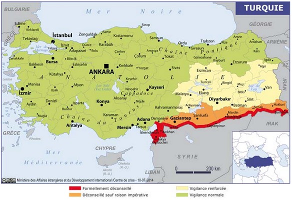 La carte des recommandations du Quai d'Orsay sur la Turquie - DR : Ministère des Affaires étrangères