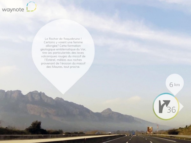 Waynote est une application mobile pour découvrir les régions au fil de l'autoroute, qui raconte les paysages et suggère des pauses près des sorties - DR : Capture d'écran Waynote