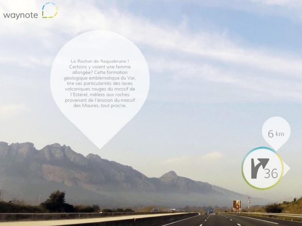 Waynote is a mobile application to discover the regions along the highway, that talks about the landscapes, and suggests pauses around the exits - DR : Screenshot Waynote
