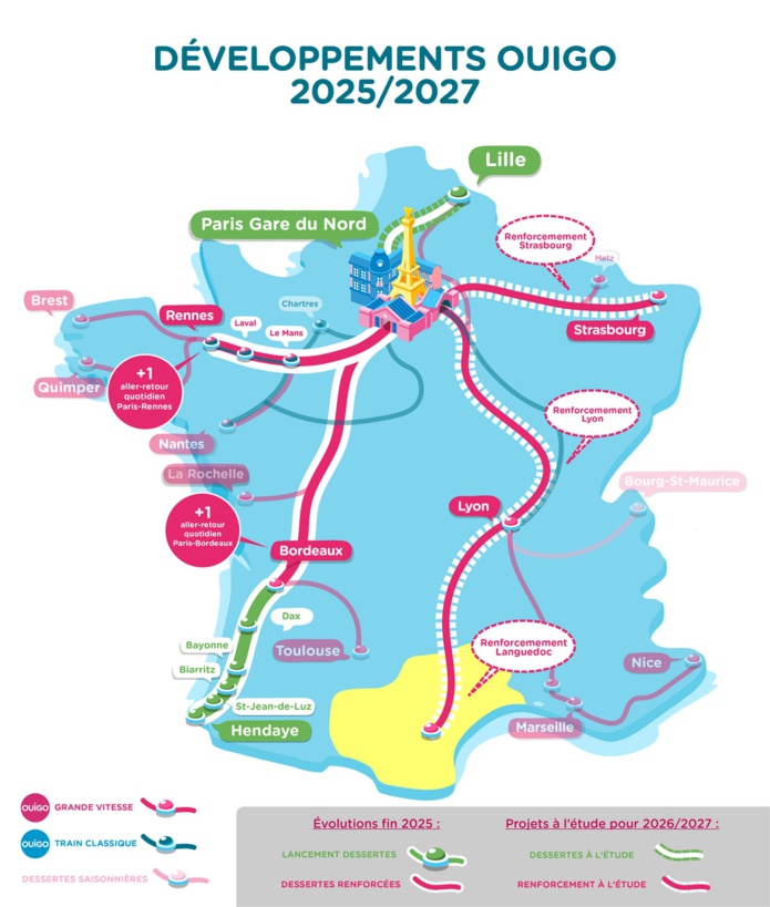 Les nouvelles lignes OUIGO pour 2025 et à l'étude - Photo Ouigo Les nouvelles lignes OUIGO pour 2025 et à l'étude - Photo Ouigo