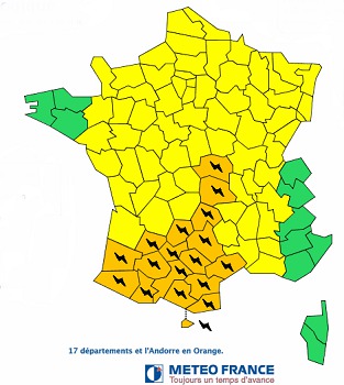 Orages : 17 départements français et Andorre en vigilance orange