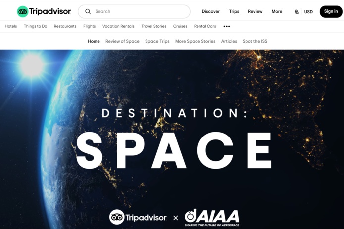 TripAdvisor et l'AIAA ont lancé une plateforme "Destination Space" - Capture écran TripAdvisor et l'AIAA ont lancé une plateforme "Destination Space" - Capture écran
