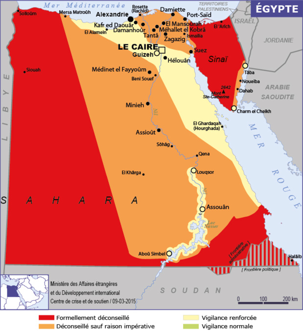 La carte des Conseils aux Voyageurs du Quai d'Orsay sur l'Egypte - DR : ministère des Affaires étrangères