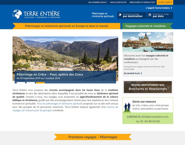 La marque Terre Entière se recentre sur les pèlerinages, avec un site Internet entièrement consacré à ce type de voyages. Il fait tout de même la liaison vers le site d'Intermèdes, via une large colonne sur la droite de la page d'accueil - DR : Capture d'écran Terre Entière