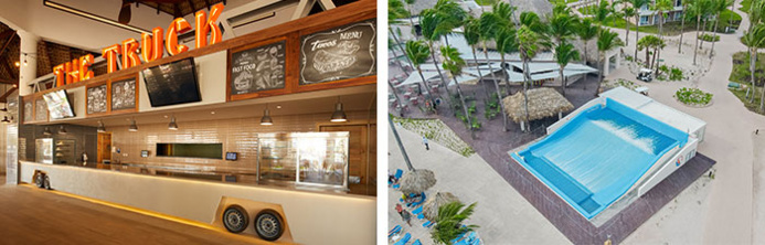 The Truck, un snack amusant et le Wave Rider, piscine à vagues : les deux se trouvent dans de la zone de loisirs de La Isla The Truck, un snack amusant et le Wave Rider, piscine à vagues : les deux se trouvent dans de la zone de loisirs de La Isla