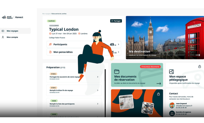 Konect, interface d’échange avec les enseignants permettant de dématérialiser les carnets de voyage et simplifiant la gestion des séjours, sera disponible en 2025. @envol espace Konect, interface d’échange avec les enseignants permettant de dématérialiser les carnets de voyage et simplifiant la gestion des séjours, sera disponible en 2025. @envol espace