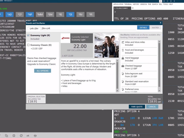 En quelques clics l'agent de voyage peut ajouter les ventes de bagages supplémentaires, de sièges particuliers... - Capture d'écran Travelport En quelques clics l'agent de voyage peut ajouter les ventes de bagages supplémentaires, de sièges particuliers... - Capture d'écran Travelport
