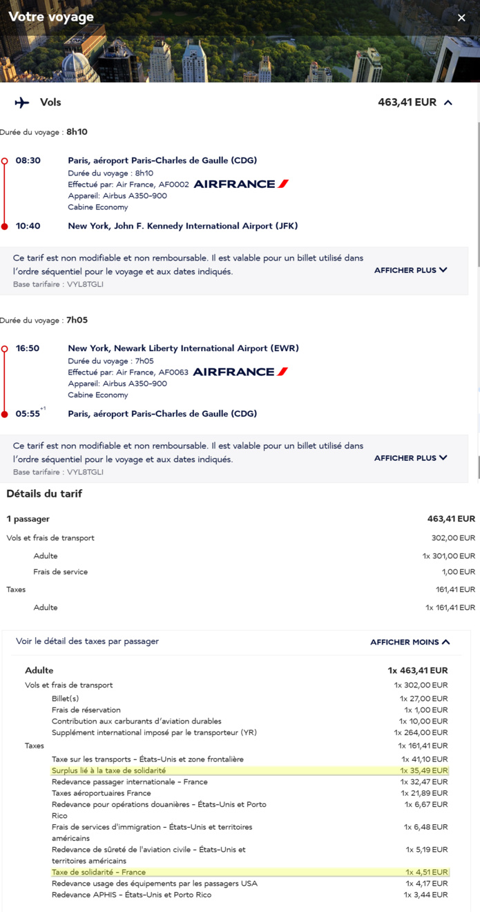 Simulation pour un billet Paris - New York après le 1er janvier 2025 sur le site d'Air France - Capture écran Simulation pour un billet Paris - New York après le 1er janvier 2025 sur le site d'Air France - Capture écran