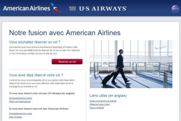 Le site internet d'US Airways renvoie déjà vers celui d'American Airlines - DR : Capture d'écran site US Airways Le site internet d'US Airways renvoie déjà vers celui d'American Airlines - DR : Capture d'écran site US Airways