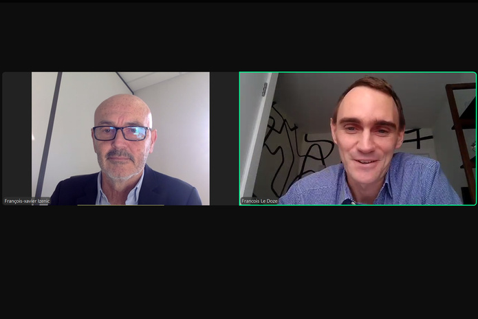 François-Xavier Izenic, animateur de cet entretien de l’AFTM et François Le Doze, chief commercial officer chez Eurostar. @capture d’écran de l’AFTM. François-Xavier Izenic, animateur de cet entretien de l’AFTM et François Le Doze, chief commercial officer chez Eurostar. @capture d’écran de l’AFTM.