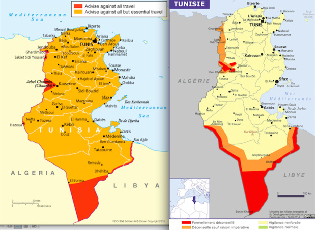 A gauche, la carte du conseil aux voyageurs britanniques après l'attentat de Sousse. A droite, celle du ministère des affaires étrangères français. DR