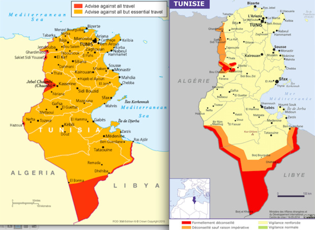 A gauche, la carte du conseil aux voyageurs britanniques après l'attentat de Sousse. A droite, celle du ministère des affaires étrangères français. DR A gauche, la carte du conseil aux voyageurs britanniques après l'attentat de Sousse. A droite, celle du ministère des affaires étrangères français. DR