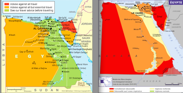 The two maps of the Ministries of Foreign Affairs: on the left the English, on the right the French. DR