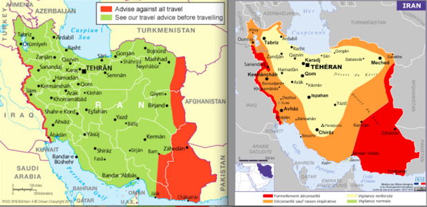 On the left, the British map of advice to travelers. On the right, the French one. DR