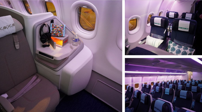 Les belles harmonies des cabines de l'A.330neo Aircalin : Economy (244 sièges), Premium Eco (21 sièges) et Classe Business Hibiscus (26 sièges). Photo : C.Hardin Les belles harmonies des cabines de l'A.330neo Aircalin : Economy (244 sièges), Premium Eco (21 sièges) et Classe Business Hibiscus (26 sièges). Photo : C.Hardin