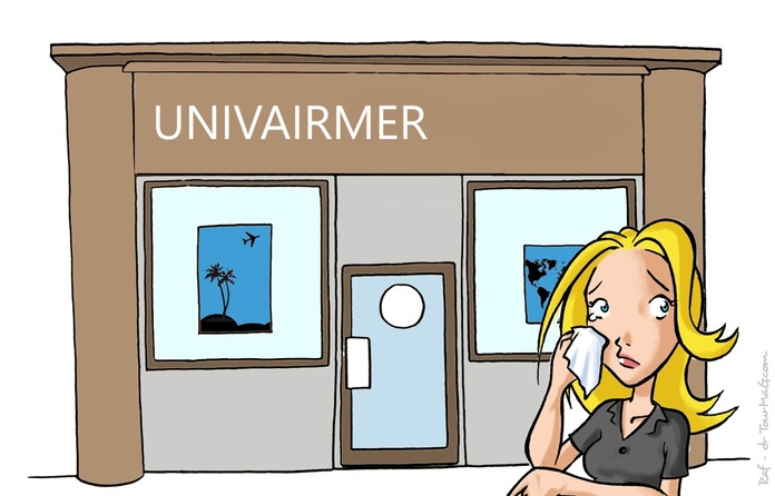 On l’a vu l’effondrement d’Univairmer venir de loin, comme un navire qui prend l’eau mais où l’équipage persiste à écoper avec des cuillères à soupe, en récitant des incantations au dieu du tourisme packagé - Dessin Raf On l’a vu l’effondrement d’Univairmer venir de loin, comme un navire qui prend l’eau mais où l’équipage persiste à écoper avec des cuillères à soupe, en récitant des incantations au dieu du tourisme packagé - Dessin Raf