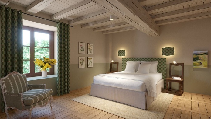 Une chambre au Domaine du moulin de Rochebourg (© Pierres d'Histoire) Une chambre au Domaine du moulin de Rochebourg (© Pierres d'Histoire)