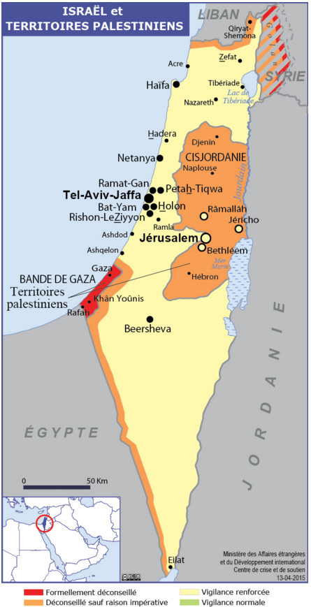 La carte des recommandations du Quai d'Orsay sur Israël et les Territoires palestiniens - DR : MAE