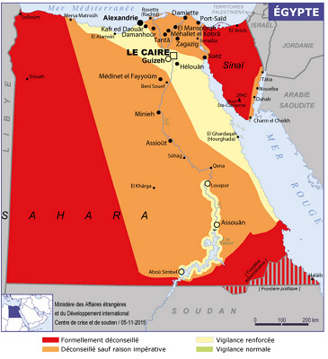 La carte des recommandations du MAE sur l'Egypte - DR : Conseils aux Voyageurs