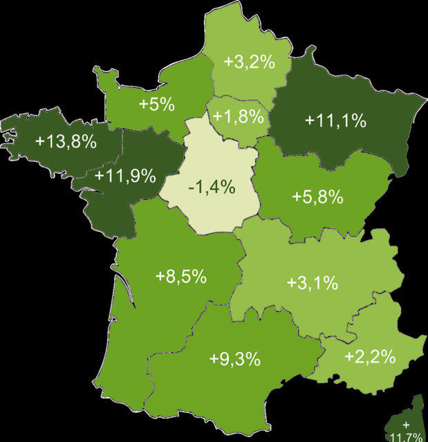 Evolution en 2015 des volumes d'affaires Gîtes de France, par région.