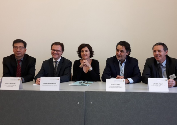Pierre Shi (ID Travel Pro), Julien Boullay (Marseille Provence Airport), Isabelle Brémond (Bouches-du-Rhône Tourism), Bruno James (CRT PACA), and Maxime Tissot (TO Marseille) during a Press conference in Marseille - Photo CE