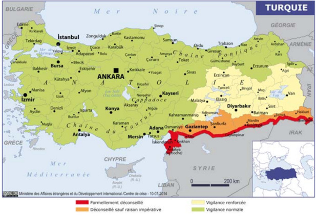 La carte des recommandation du Quai d'Orsay sur la Turquie - DR : Conseils aux Voyageurs La carte des recommandation du Quai d'Orsay sur la Turquie - DR : Conseils aux Voyageurs