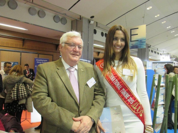 Christian Antoine DG des hôtels Radisson Blu de Djerba et Miss Tunisie 2015 au Salon des Thermalies le 22 janvier 2015. Photo MS.