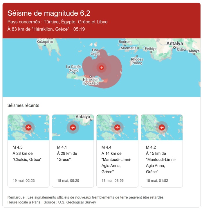 Grèce : un fort séisme de magnitude 6,1 se déclenche au large de la Crète - Photo Google Grèce : un fort séisme de magnitude 6,1 se déclenche au large de la Crète - Photo Google