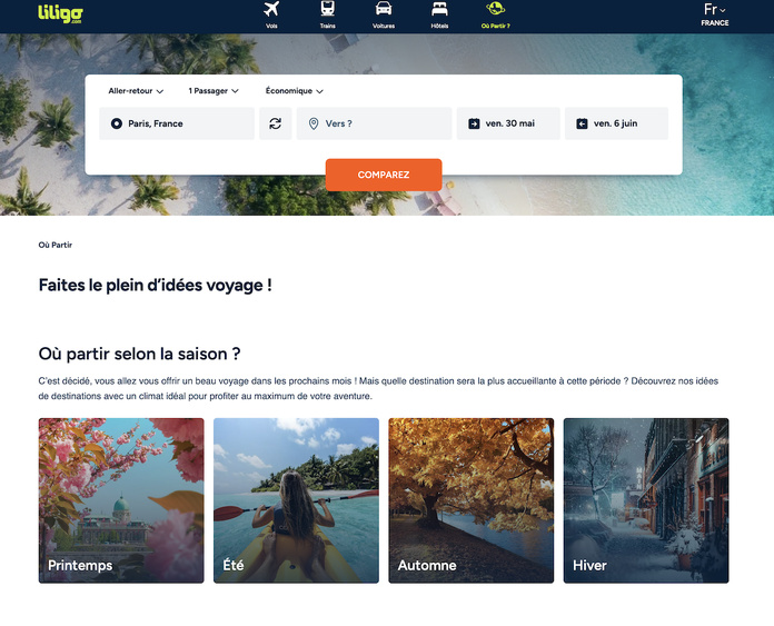 Liligo mise sur la simplicité, la personnalisation et l’accessibilité pour répondre aux nouveaux comportements des voyageurs - Capure d'écran site Liligo mise sur la simplicité, la personnalisation et l’accessibilité pour répondre aux nouveaux comportements des voyageurs - Capure d'écran site