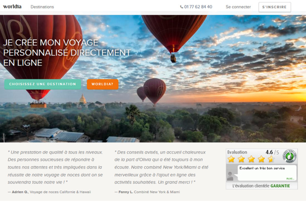 Le site Internet de Worldia, qui permet de créer directement en ligne ses voyages à la carte - Capture écran