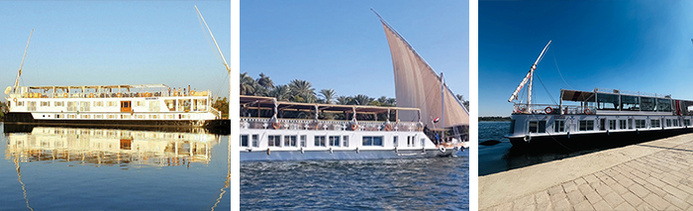 De gauche à droite : dahabeya Sekhmet, dahabeya Papyrus, dahabeya Yalla Bina © So Réceptifs De gauche à droite : dahabeya Sekhmet, dahabeya Papyrus, dahabeya Yalla Bina © So Réceptifs