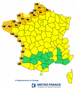 Météo France place 16 départements de la façade ouest en vigilance orange - DR : Météo France Météo France place 16 départements de la façade ouest en vigilance orange - DR : Météo France