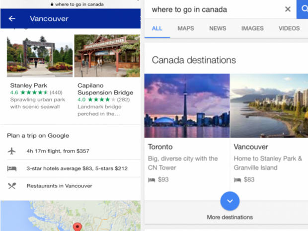 Copie d'écran des nouvelles fonctionnalités de l'interface voyage de Google, disponible sur les mobiles. DR-Google