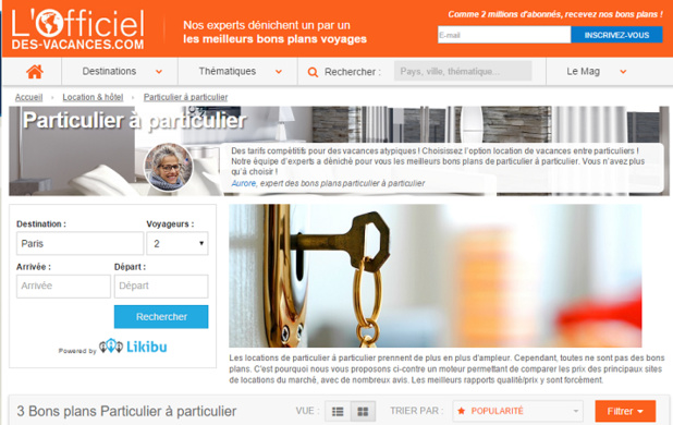 Le moteur de recherche de locations de vacances de Likibu est désormais présent dans la rubrique locations de particulier à particulier de l'Officiel des Vacances - Capture d'écran